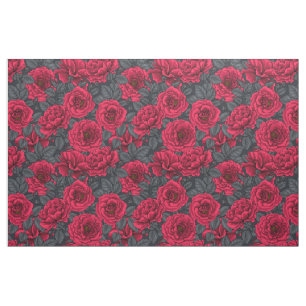 Red roses with gray leaves on black fabric