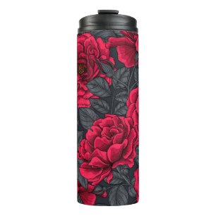 Red roses with gray leaves on black thermal tumbler