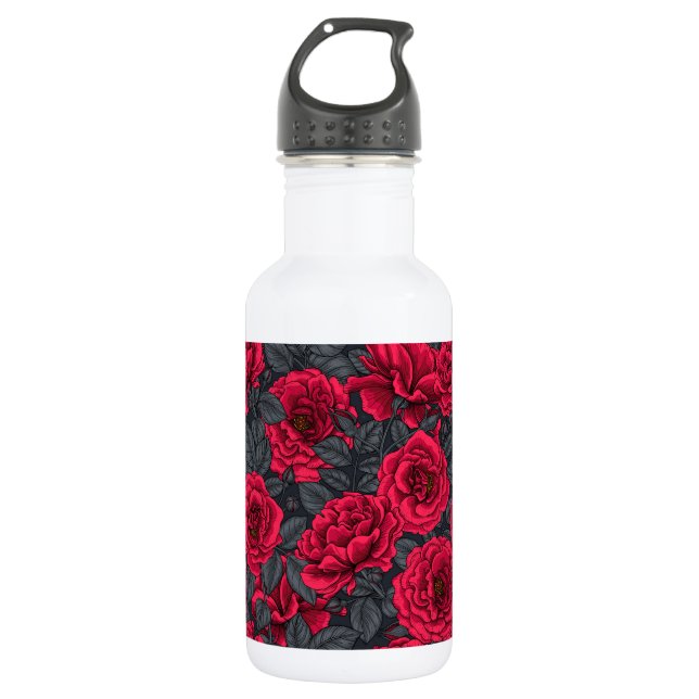 Red roses with grey leaves on black 532 ml water bottle (Front)