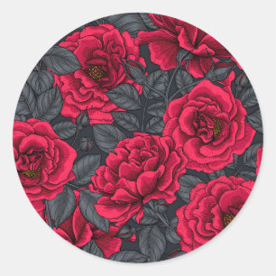 Red roses with grey leaves on black classic round sticker