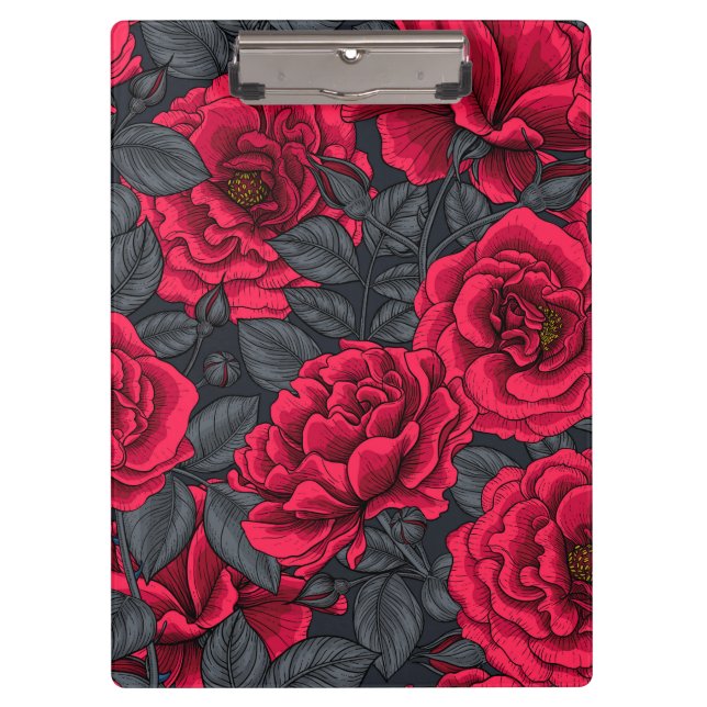 Red roses with grey leaves on black clipboard (Front)