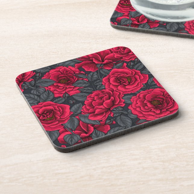 Red roses with grey leaves on black coaster (Left Side)