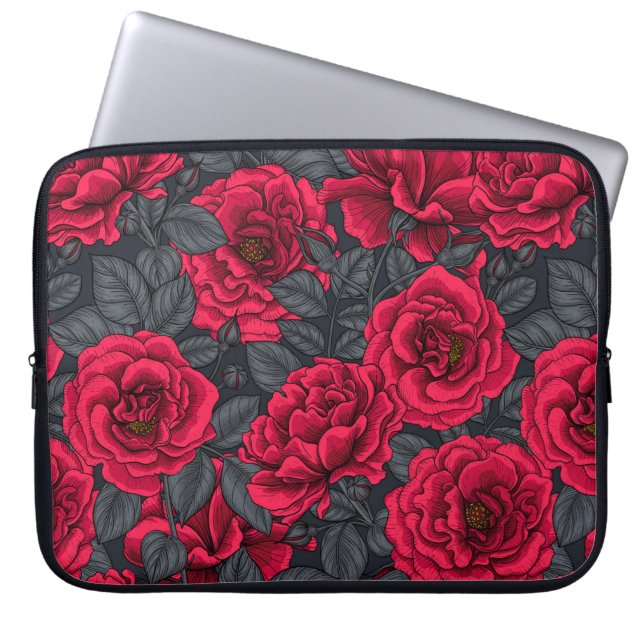 Red roses with grey leaves on black laptop sleeve (Front)