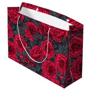 Red roses with grey leaves on black large gift bag