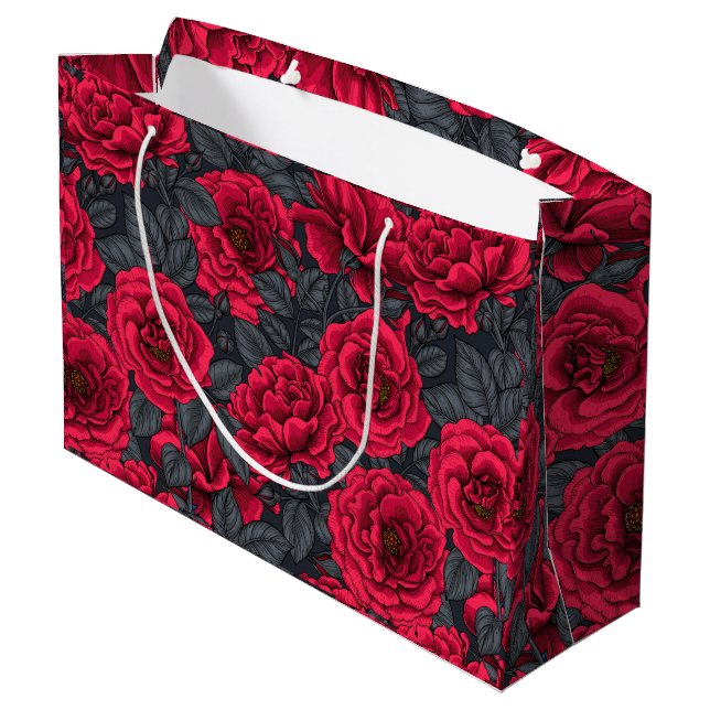 Red roses with grey leaves on black large gift bag (Back Angled)