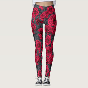 Red roses with grey leaves on black leggings