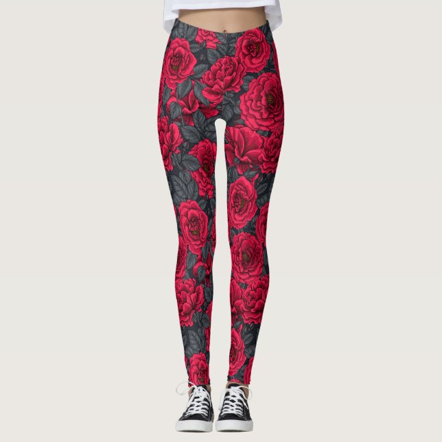 Red roses with grey leaves on black leggings (Front)