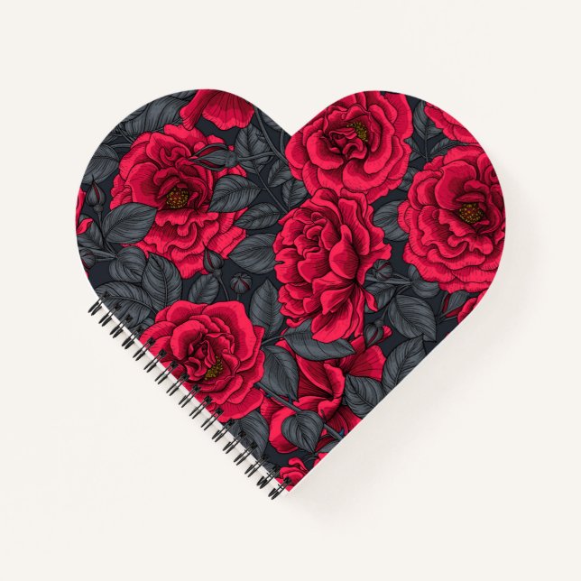Red roses with grey leaves on black notebook (Front)