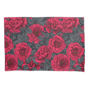 Red roses with grey leaves on black pillowcase