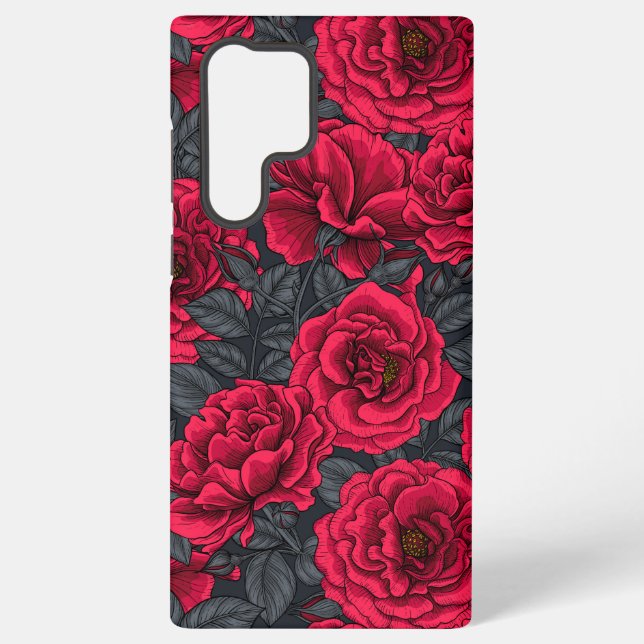 Red roses with grey leaves on black samsung galaxy s22 ultra case (Back)