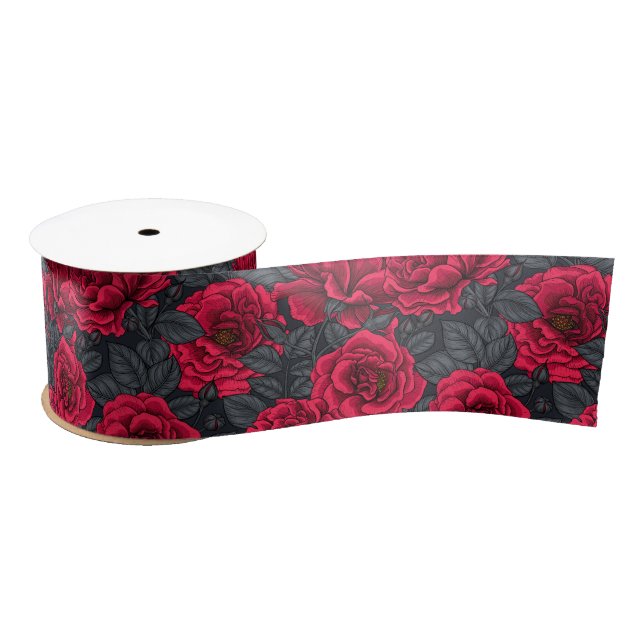 Red roses with grey leaves on black satin ribbon (Spool)