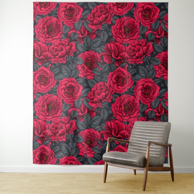 Red roses with grey leaves on black tapestry (In Situ)