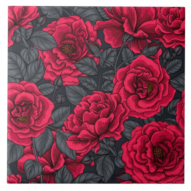 Red roses with grey leaves on black tile (Front)