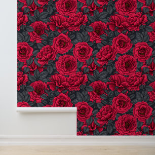 Red roses with grey leaves on black wallpaper