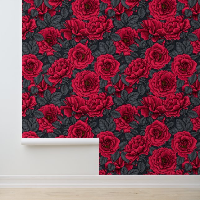 Red roses with grey leaves on black wallpaper (Application)