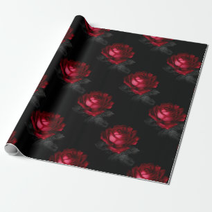 Red Roses with Grey Leaves on Black Wrapping Paper