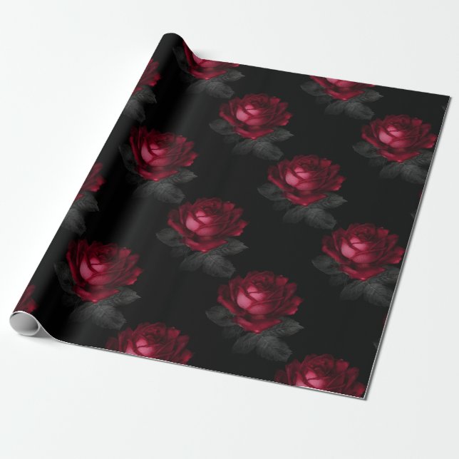 Red Roses with Grey Leaves on Black Wrapping Paper (Unrolled)