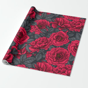 Red roses with grey leaves on black wrapping paper