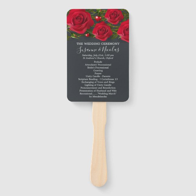 Red roses with hearts  on grey Wedding program Hand Fan (Front)