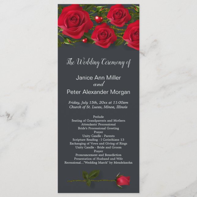 Red roses with hearts on grey Wedding Program Programme (Front)