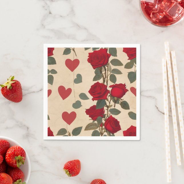 Red Roses with Hearts Pattern Romantic Napkin (Insitu)