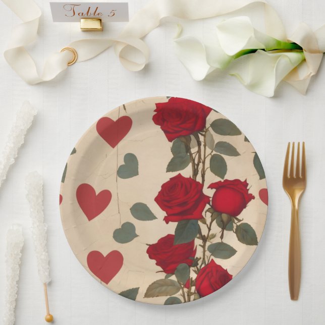 Red Roses with Hearts Pattern Romantic Paper Plate (Wedding)