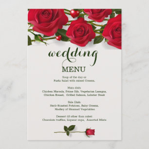 Red roses with hearts Wedding Menu card