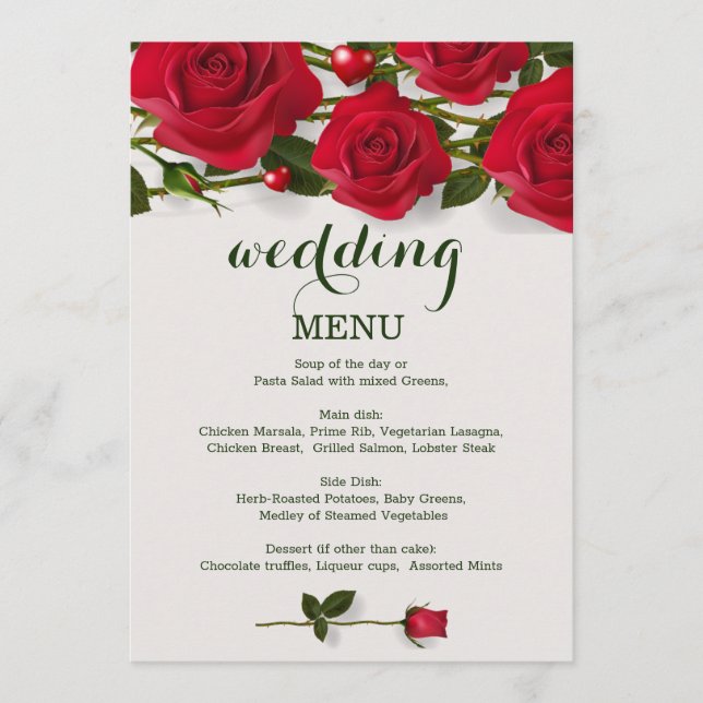 Red roses with hearts Wedding Menu card (Front)
