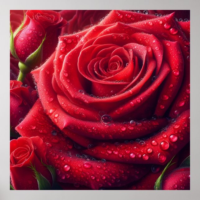 Red roses with raindrops poster (Front)