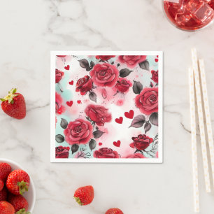 Red Roses with Red Hearts Romantic Napkin