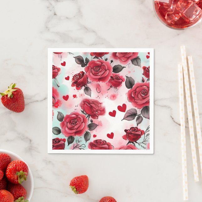 Red Roses with Red Hearts Romantic Napkin (Insitu)