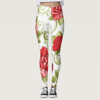Red Roses with Swirling Tendrils. Leggings