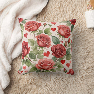 Red Roses with Valentine Hearts Pattern Romantic Cushion
