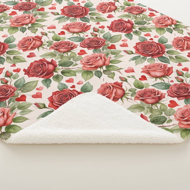 Red Roses with Valentine Hearts Pattern Romantic Sherpa Blanket (3/4)