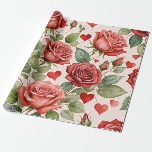 Red Roses with Valentine Hearts Pattern Romantic Wrapping Paper