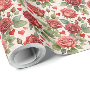 Red Roses with Valentine Hearts Pattern Romantic Wrapping Paper