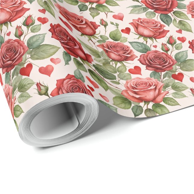 Red Roses with Valentine Hearts Pattern Romantic Wrapping Paper (Roll Corner)