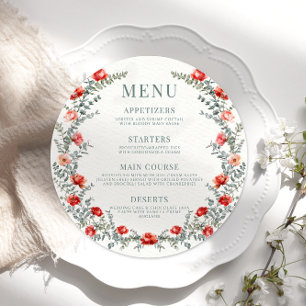 Red roses wreath greenery round Menu Card Plate