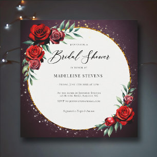 Red Roses Wreath Moody Purple Gold Glitter Bridal Invitation