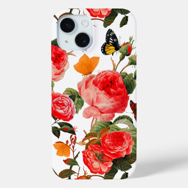RED ROSES,YELLOW BUTTERFLIES White Floral Case-Mate iPhone Case (Back)