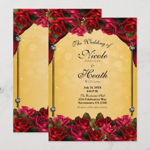 Red Roses Yellow & Gold Elegant Wedding Invitation