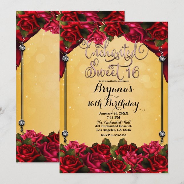Red Roses Yellow & Gold Pink Sweet 16 16th Party   Invitation (Front/Back)