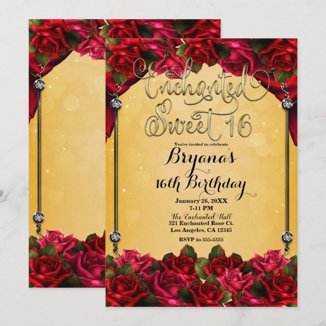 Red Roses Yellow & Gold Sweet 16 16th Party  Invitation (Front/Back)