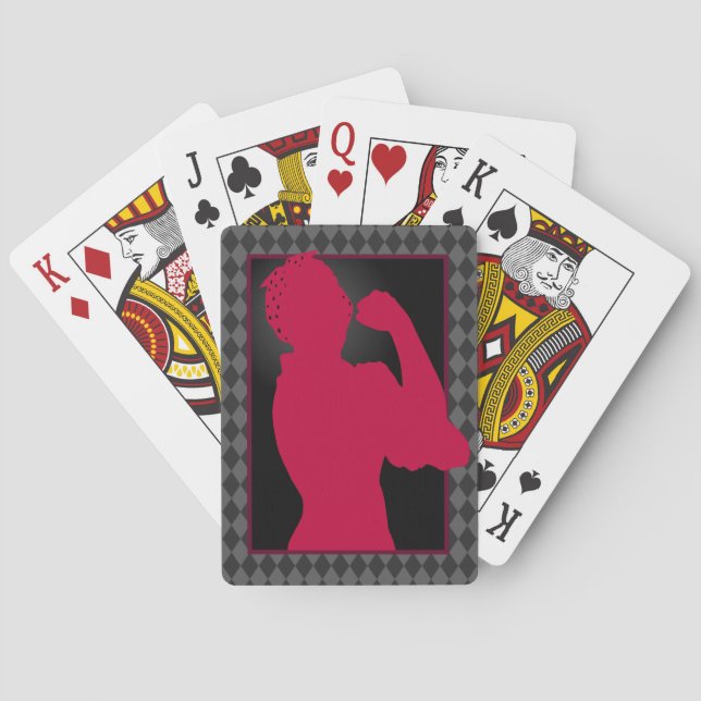 Red Rosie the Riveter Silhouette and Pattern Playing Cards (Back)