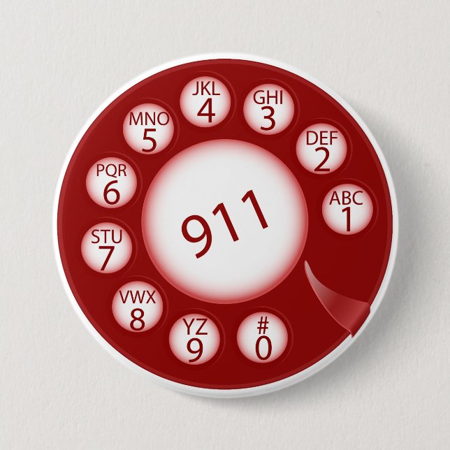 Red Rotary Phone Dial 911 Emergency Number 7.5 Cm Round Badge (Front)