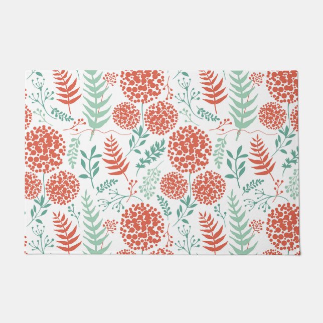 Red round flowers green leaves pattern doormat (Front)