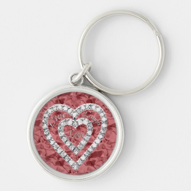 Red Round Live Laugh Love Diamond Heart Keychain (Front)