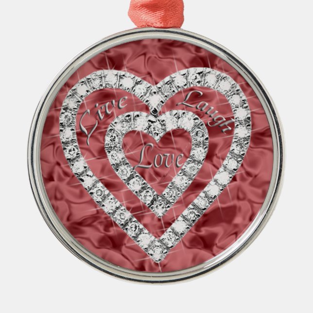 Red Round Live Laugh Love Diamond Heart Ornament (Front)