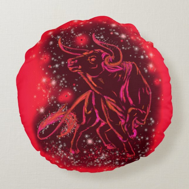 Red Round Pillow Bull Running At Starry Night (Back)