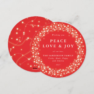 Red Round Sparkling Lights Peace Love + Joy Holiday Card